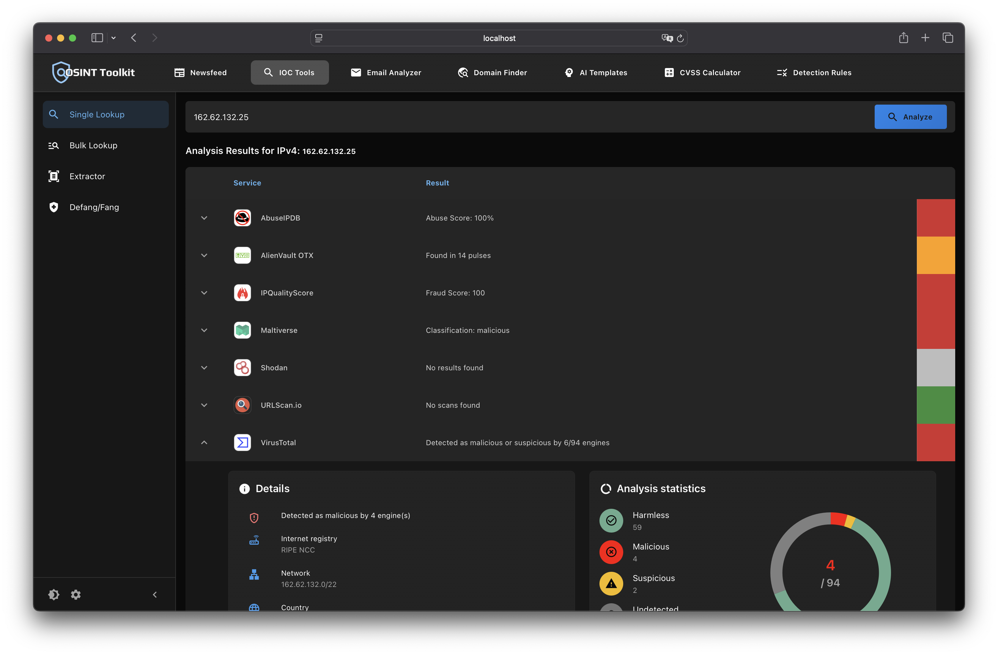 Screenshot of osint toolkits IOC lookup feature using the new full screen design