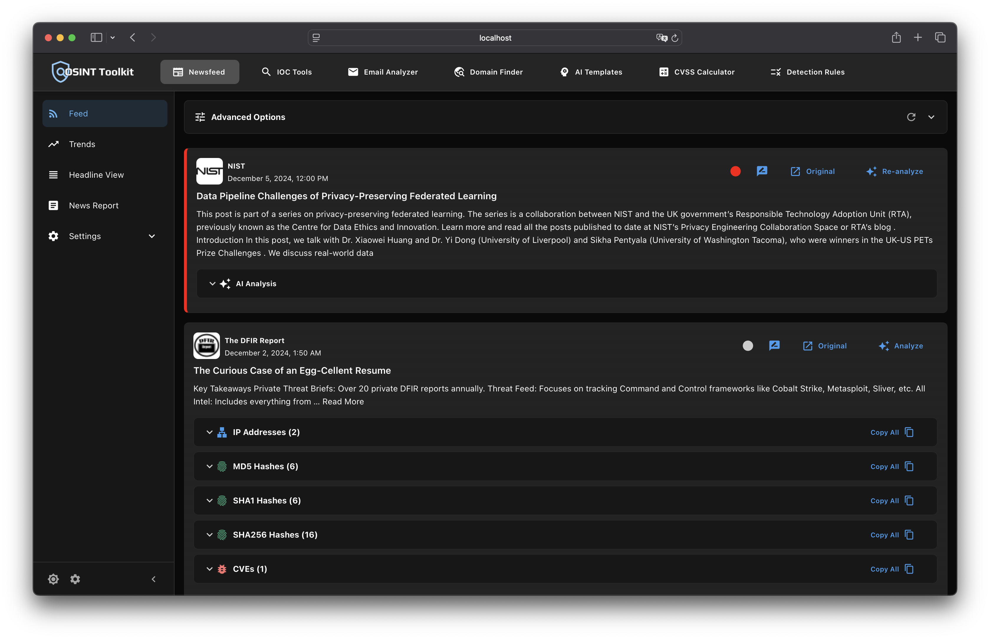 Screenshot of osint toolkits newsfeed reader using the new full screen design with a sidebar and a navbar on top