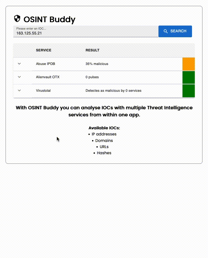 Animated image of the first prototype of OSINT Toolkits IOC lookup feature