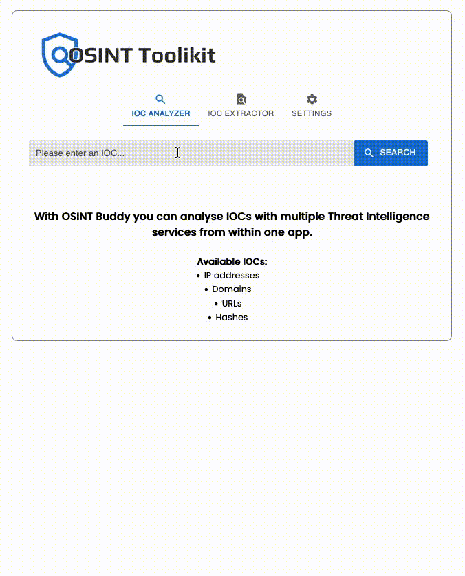 Animated image of the first prototype of OSINT Toolkits IOC lookup feature