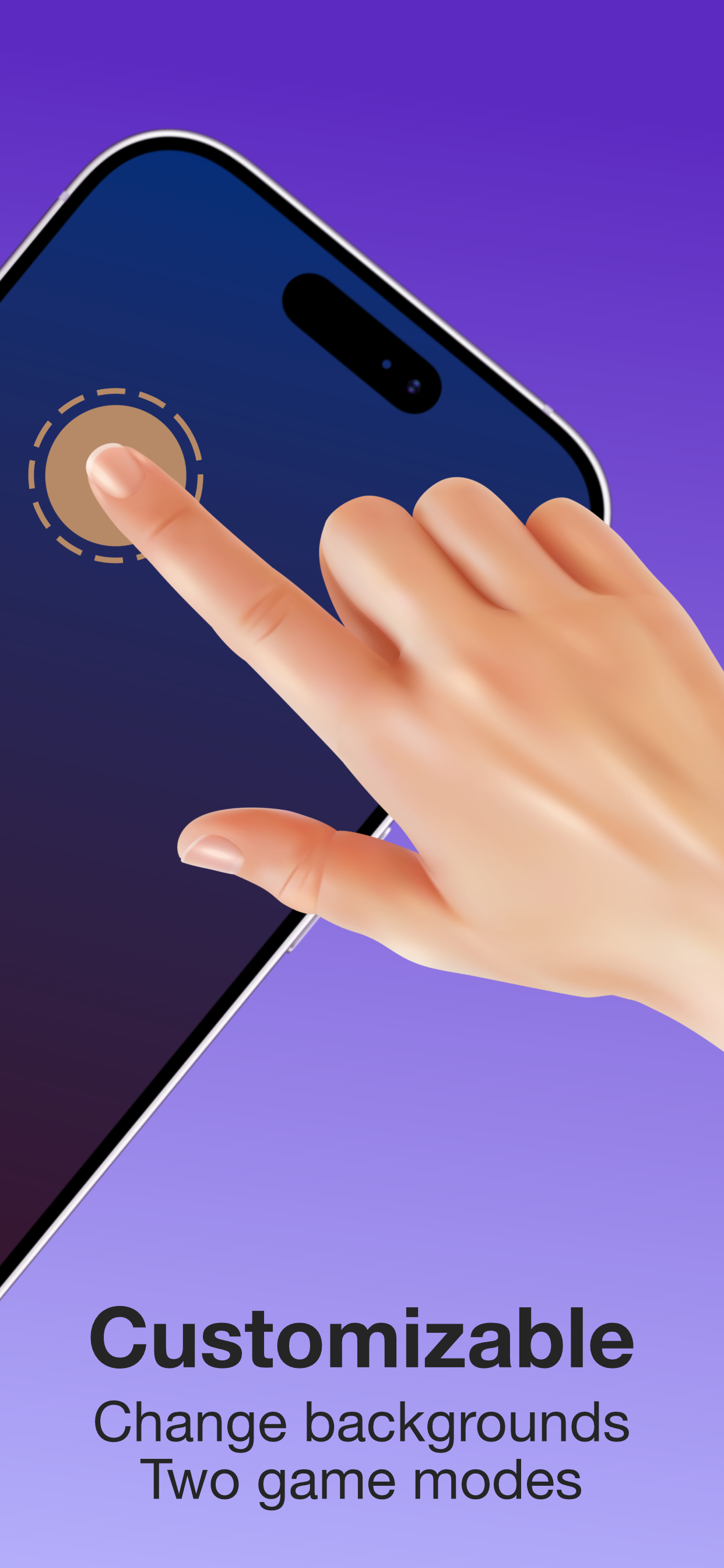 split mockup of a finger coming from the right touching the right half of the screen of an iPhone illustrating how the game is played.